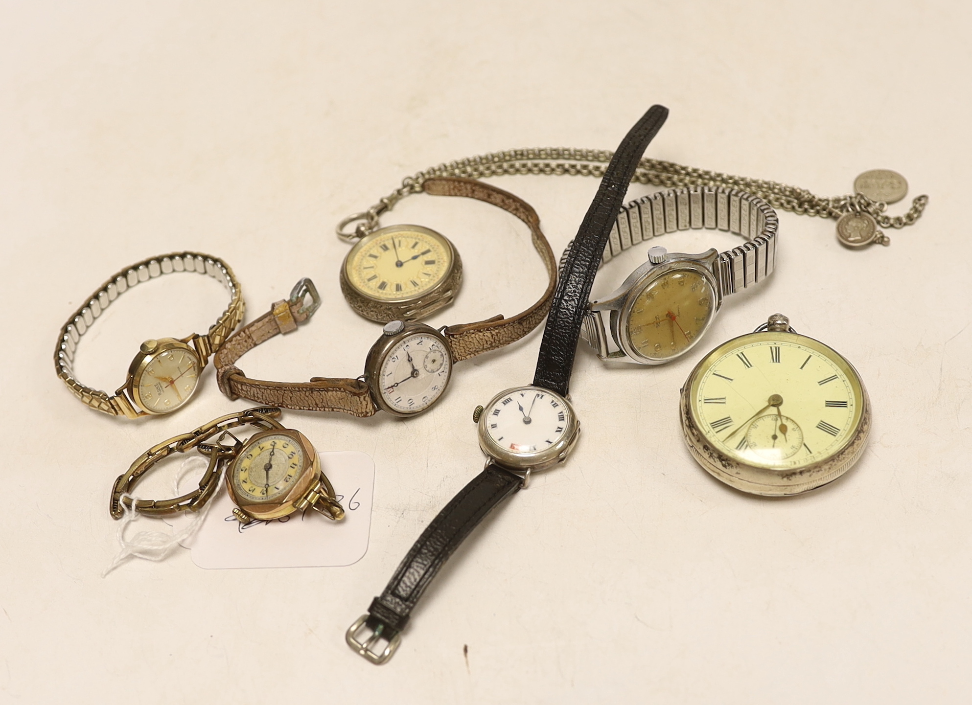 Two 9ct gold cased manual wind wrist watches including a Rone and five other assorted watches.